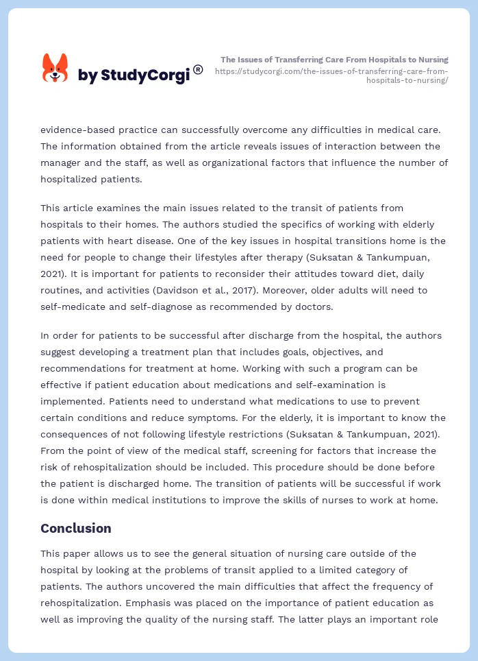 The Issues of Transferring Care From Hospitals to Nursing. Page 2