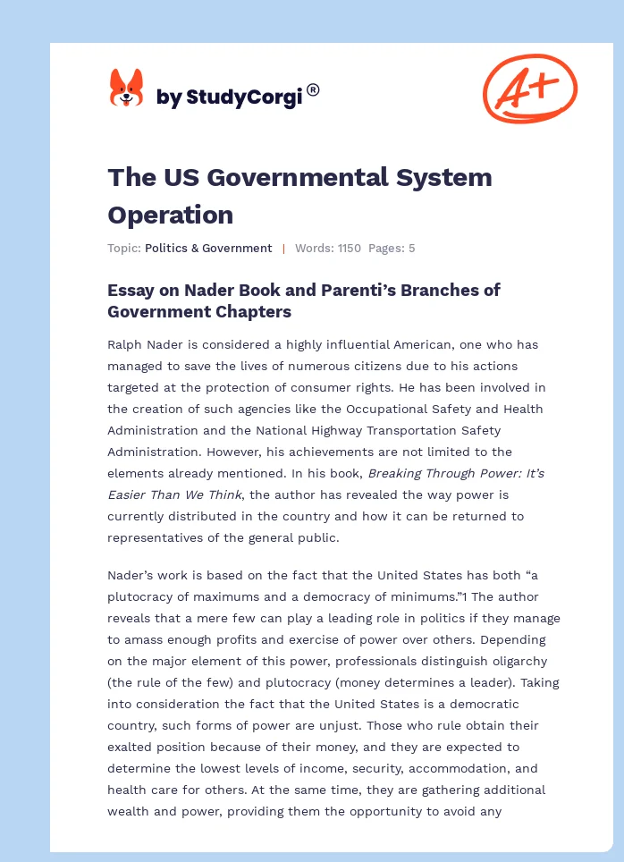 The US Governmental System Operation. Page 1