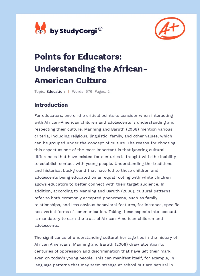 Points for Educators: Understanding the African-American Culture. Page 1