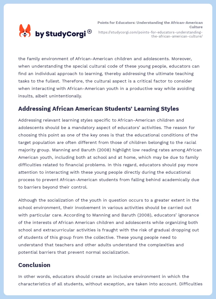 Points for Educators: Understanding the African-American Culture. Page 2