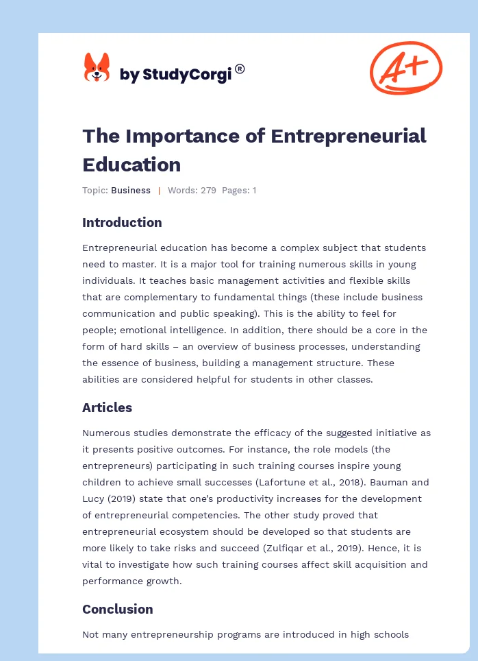 The Importance of Entrepreneurial Education. Page 1
