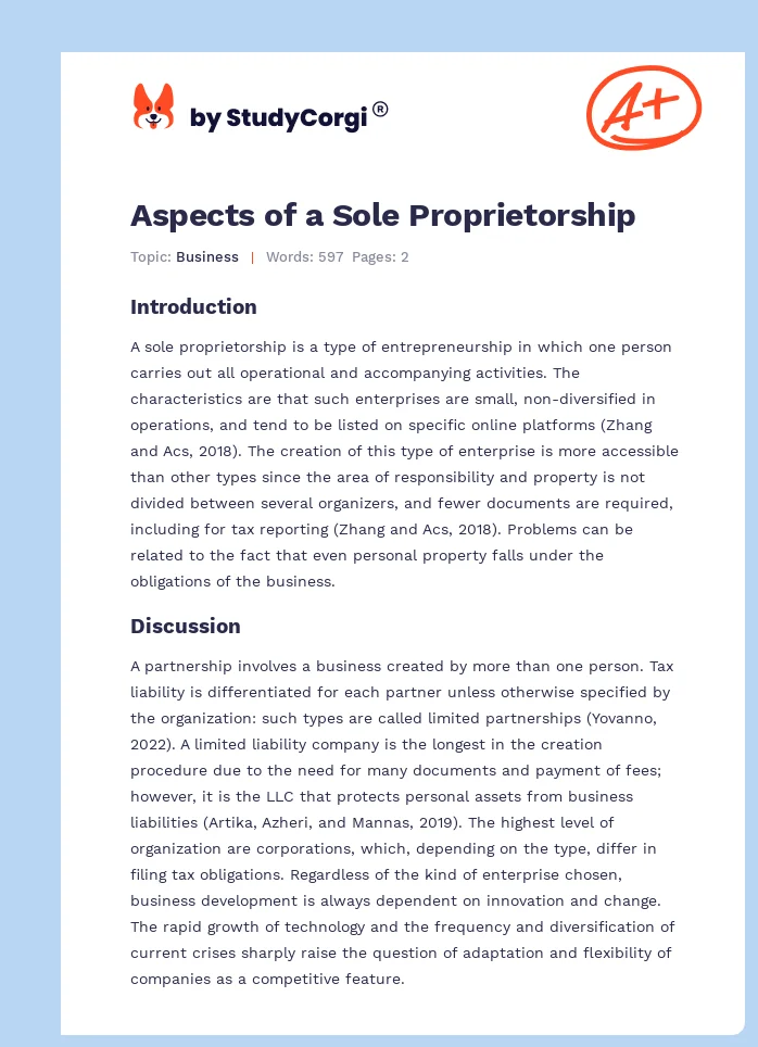 Aspects of a Sole Proprietorship. Page 1