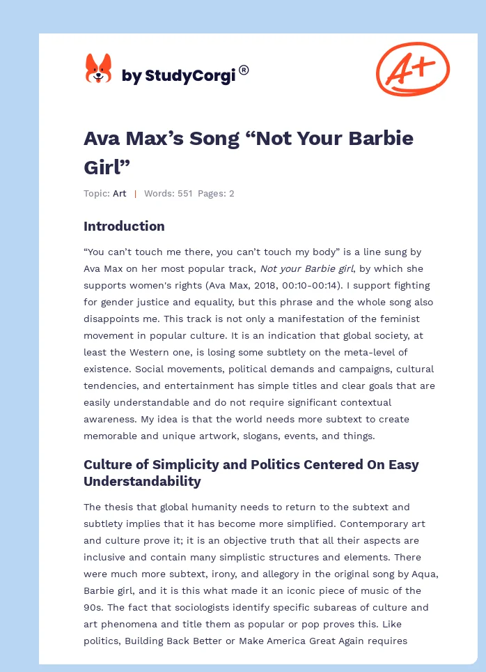Ava Max’s Song “Not Your Barbie Girl”. Page 1