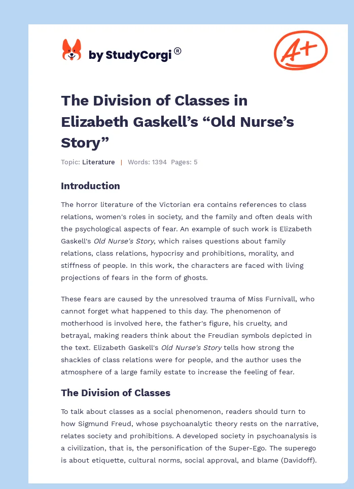 The Division of Classes in Elizabeth Gaskell’s “Old Nurse’s Story”. Page 1