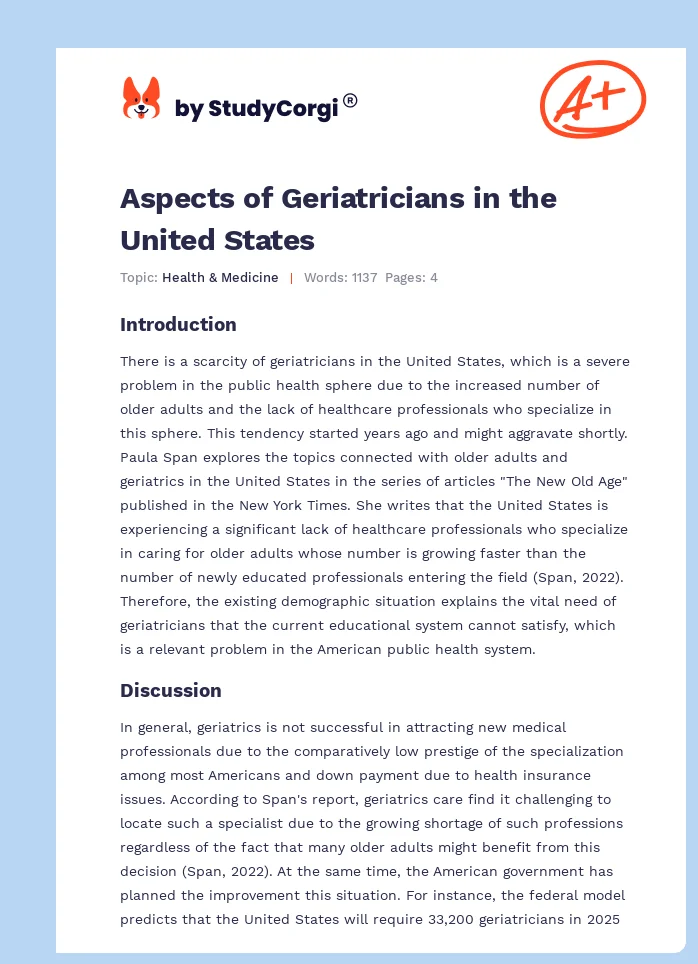 Aspects of Geriatricians in the United States. Page 1