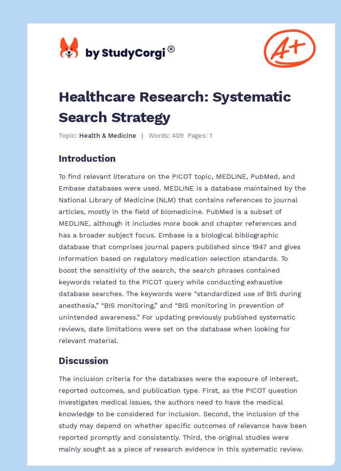 Healthcare Research: Systematic Search Strategy. Page 1