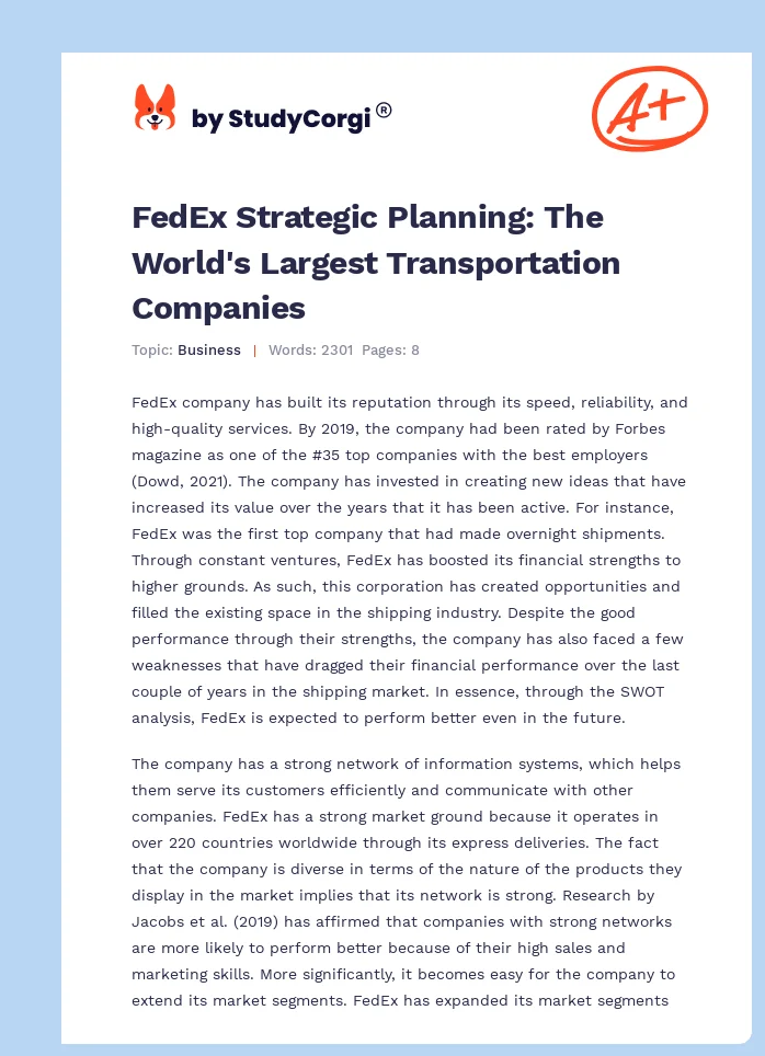 FedEx Strategic Planning: The World's Largest Transportation Companies. Page 1