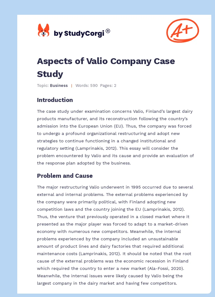Aspects of Valio Company Case Study. Page 1