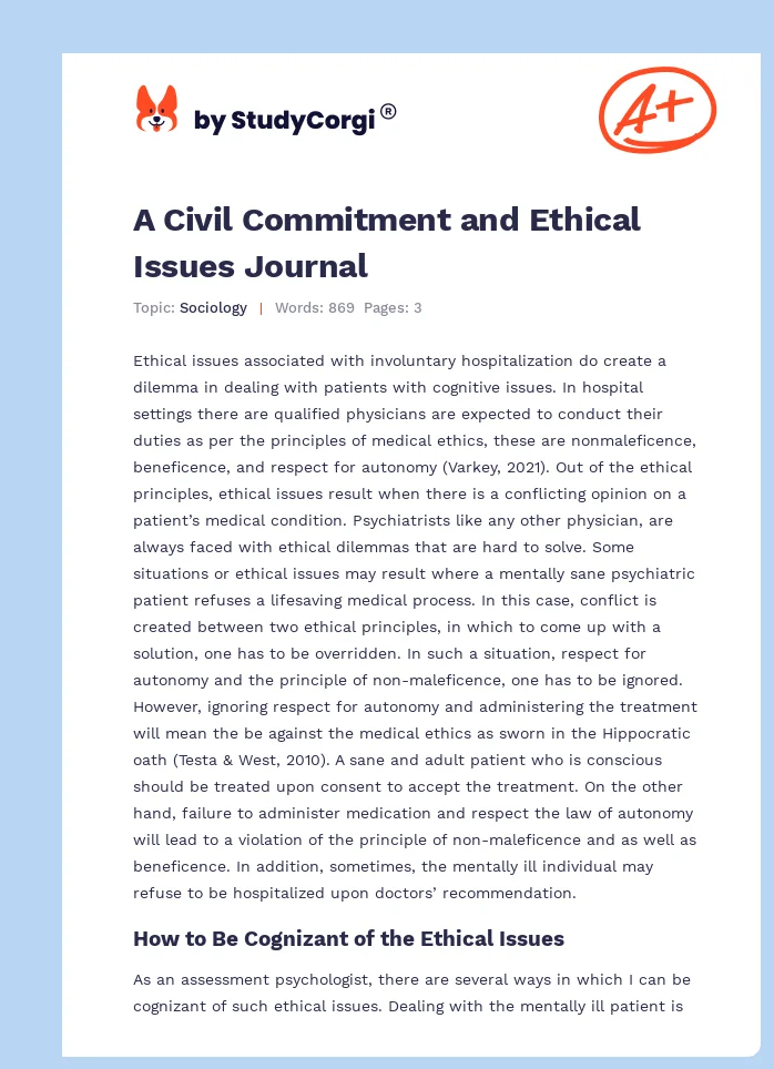 A Civil Commitment and Ethical Issues Journal. Page 1