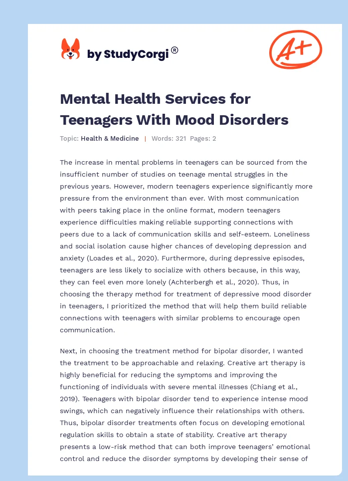 Mental Health Services for Teenagers With Mood Disorders. Page 1