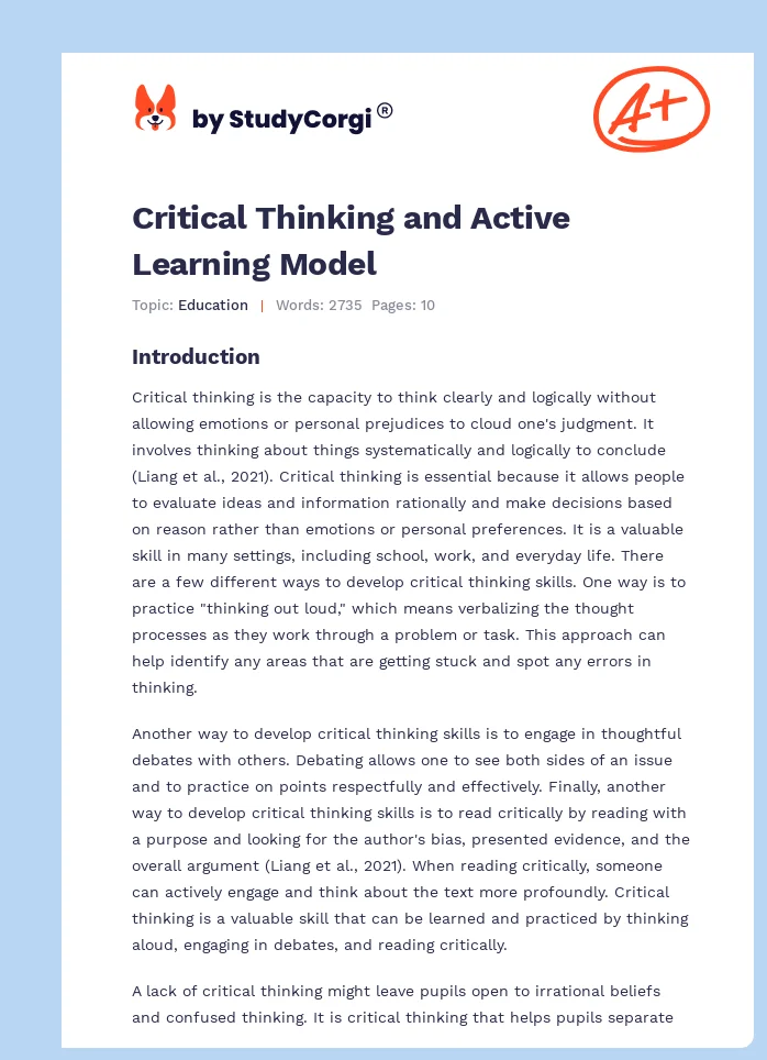 Critical Thinking and Active Learning Model. Page 1