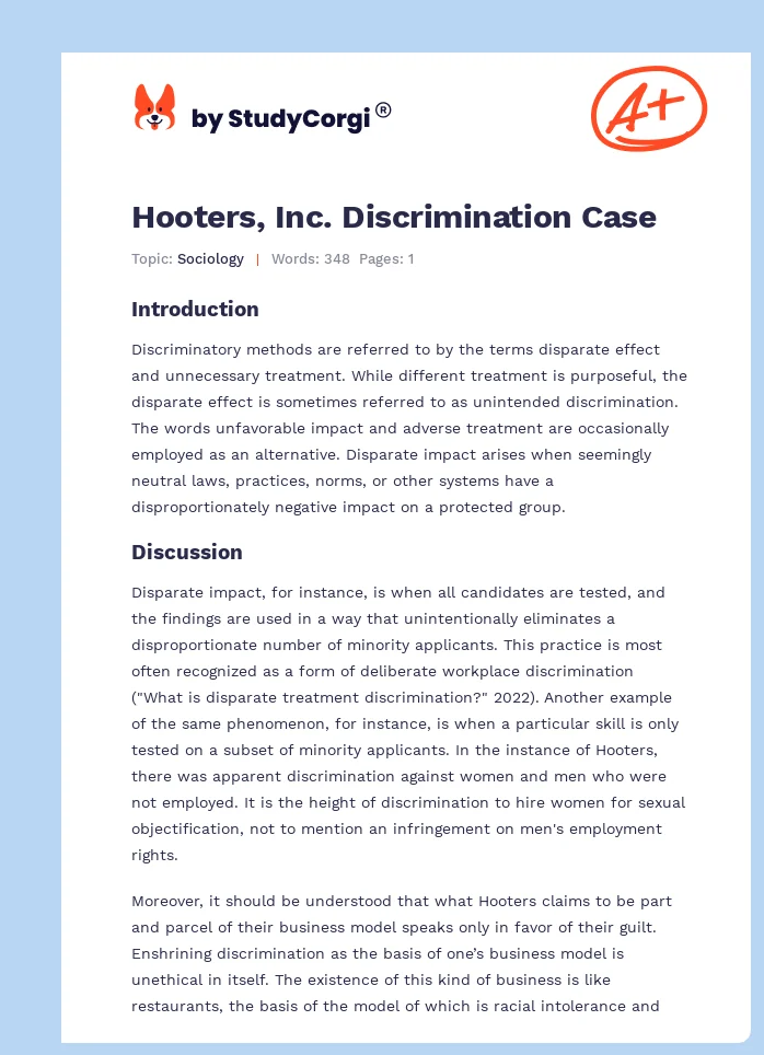 Hooters, Inc. Discrimination Case. Page 1