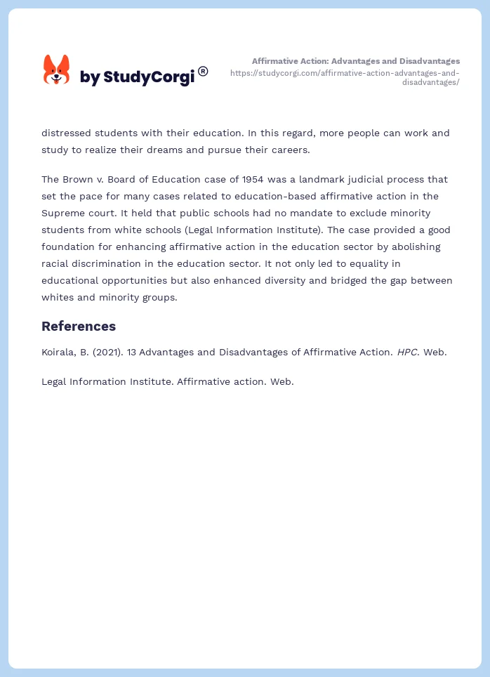 Affirmative Action: Advantages and Disadvantages. Page 2