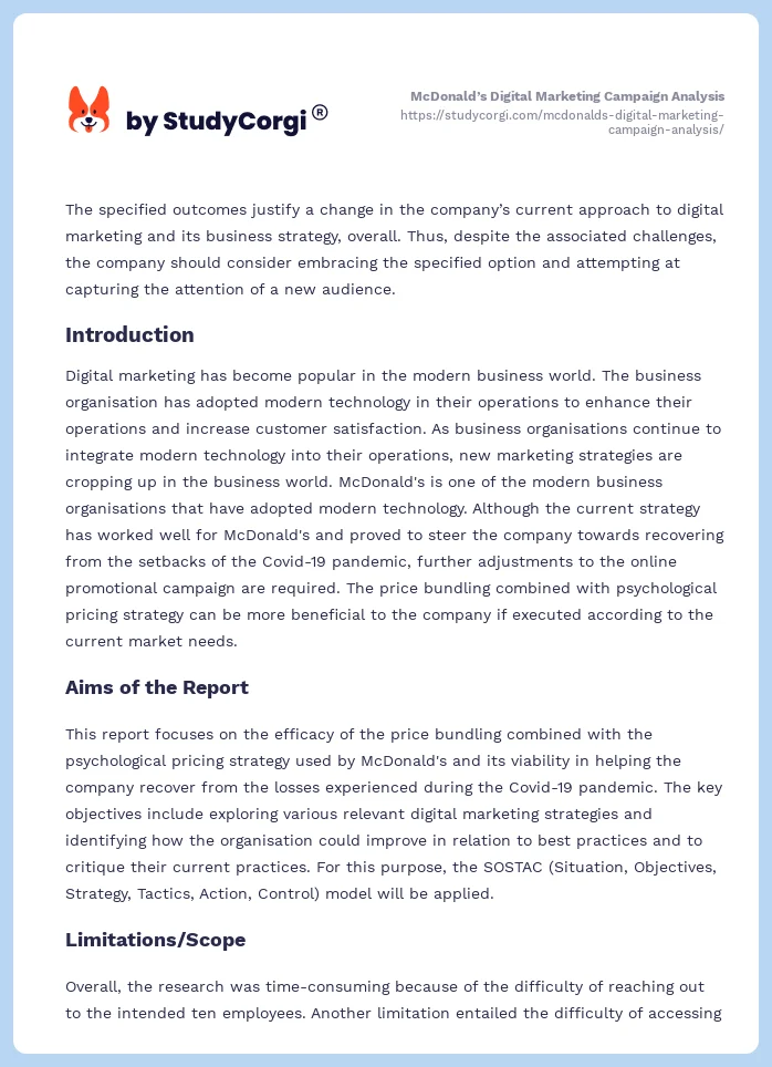 McDonald’s Digital Marketing Campaign Analysis. Page 2