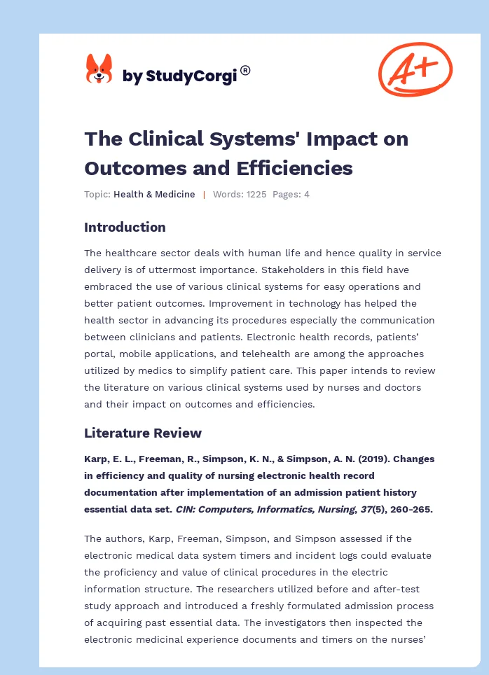 The Clinical Systems' Impact on Outcomes and Efficiencies. Page 1