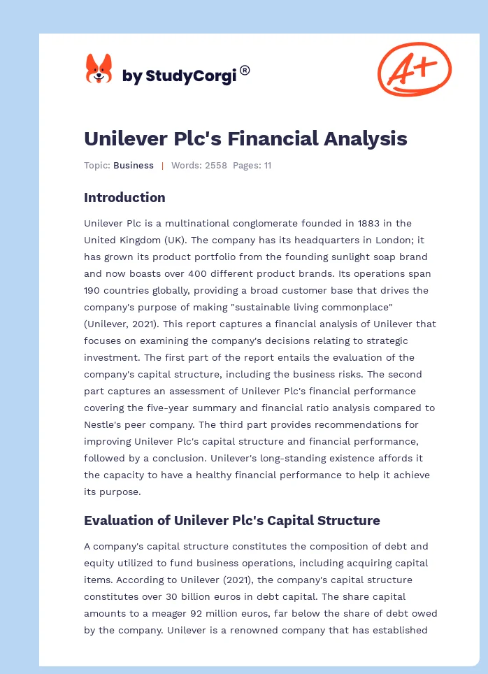 Unilever Plc's Financial Analysis. Page 1