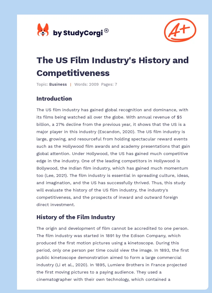 The US Film Industry's History and Competitiveness. Page 1