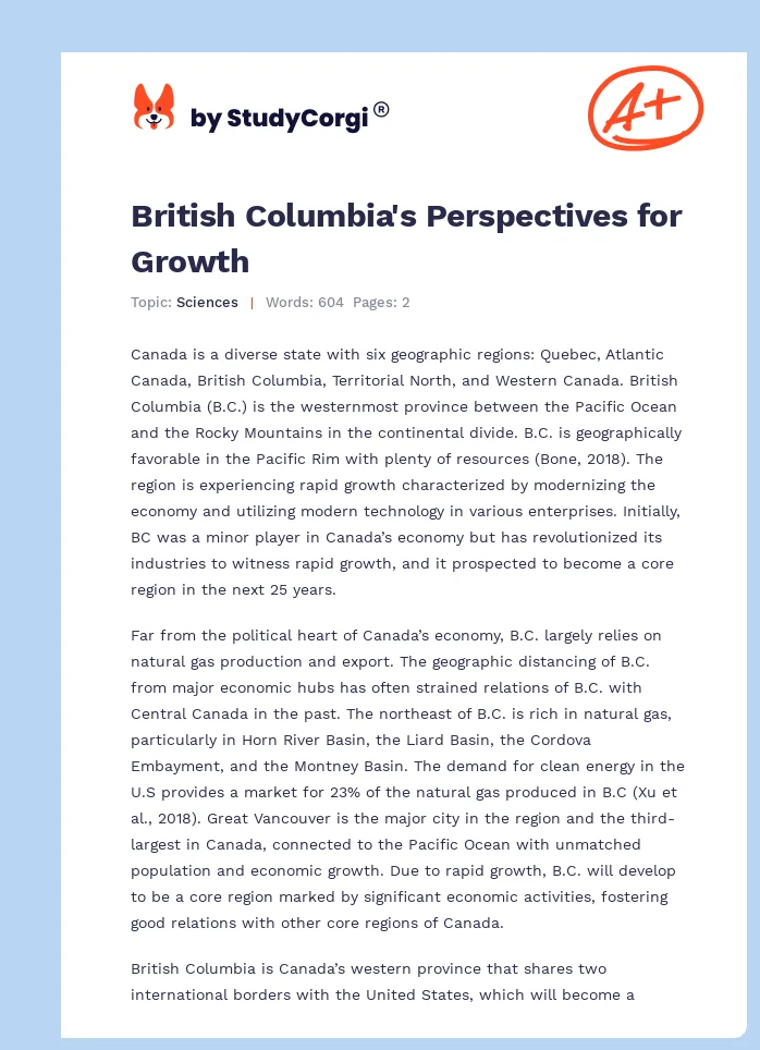 British Columbia's Perspectives for Growth. Page 1