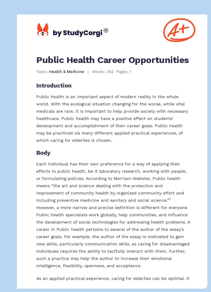 Public Health Career Opportunities. Page 1