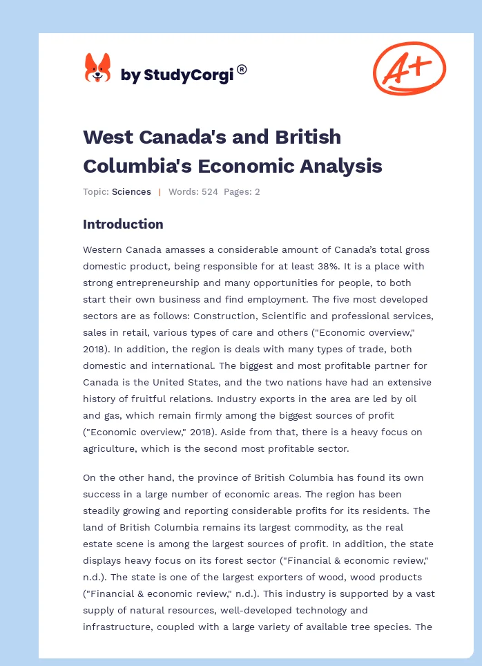 West Canada's and British Columbia's Economic Analysis. Page 1