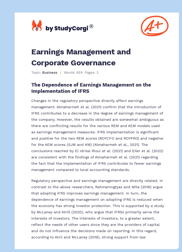 Earnings Management and Corporate Governance. Page 1
