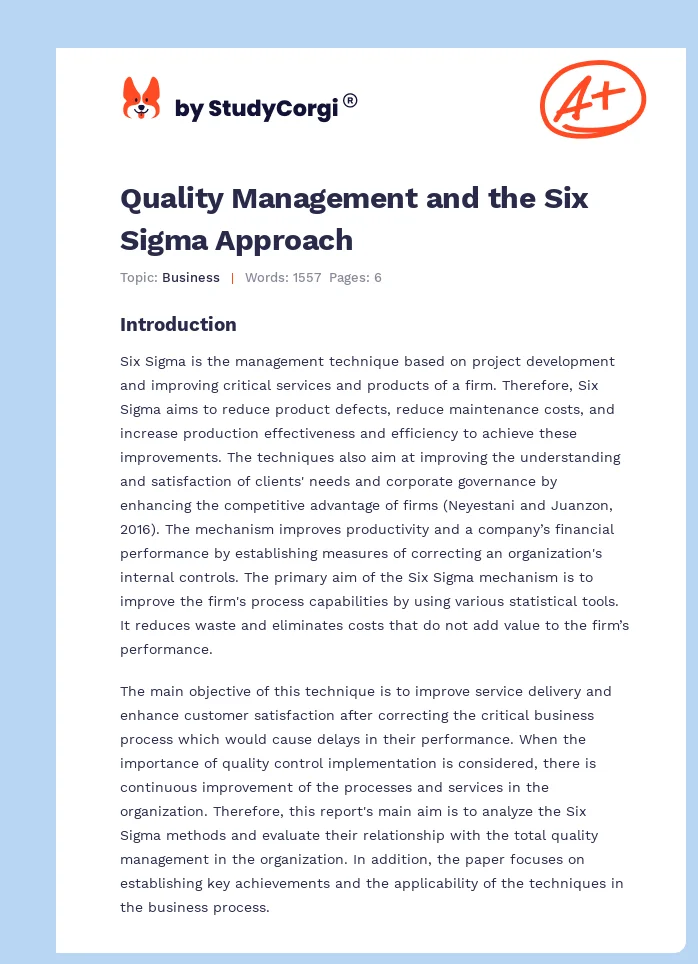 Quality Management and the Six Sigma Approach. Page 1