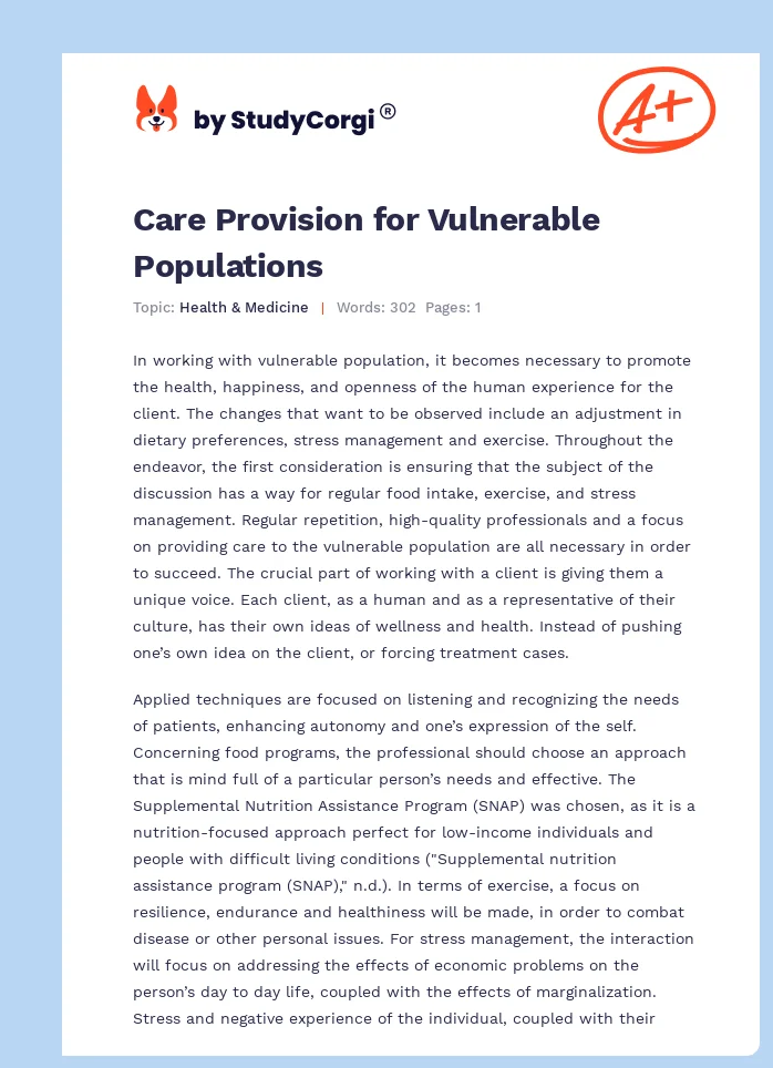 Care Provision for Vulnerable Populations. Page 1
