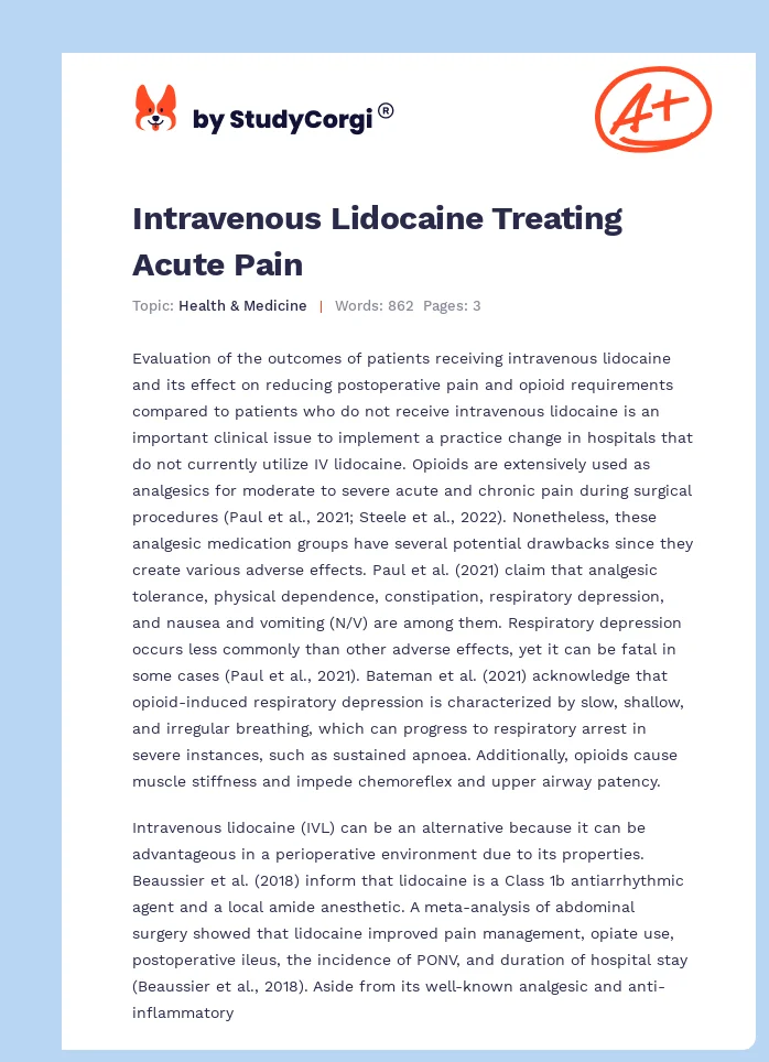 Intravenous Lidocaine Treating Acute Pain. Page 1