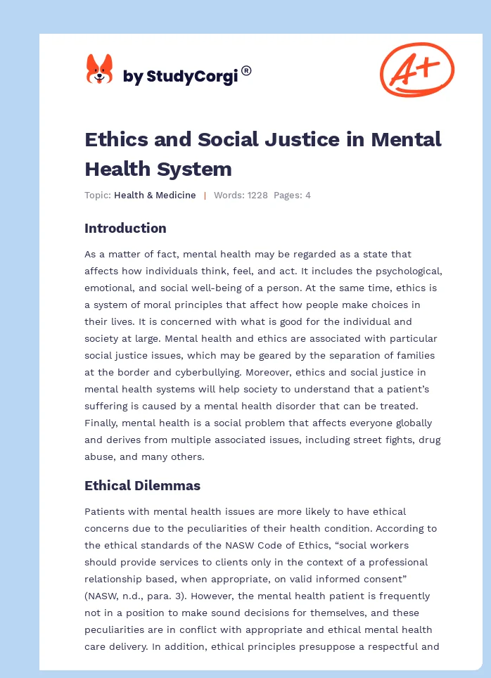 Ethics and Social Justice in Mental Health System. Page 1