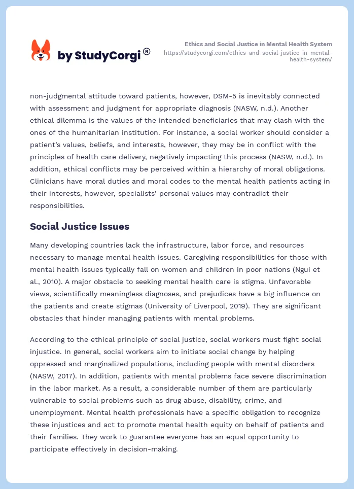 Ethics and Social Justice in Mental Health System. Page 2