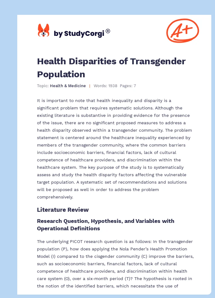 Health Disparities of Transgender Population. Page 1