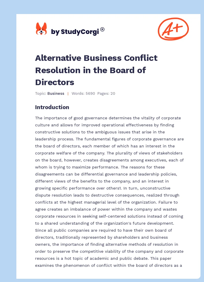 Alternative Business Conflict Resolution in the Board of Directors. Page 1