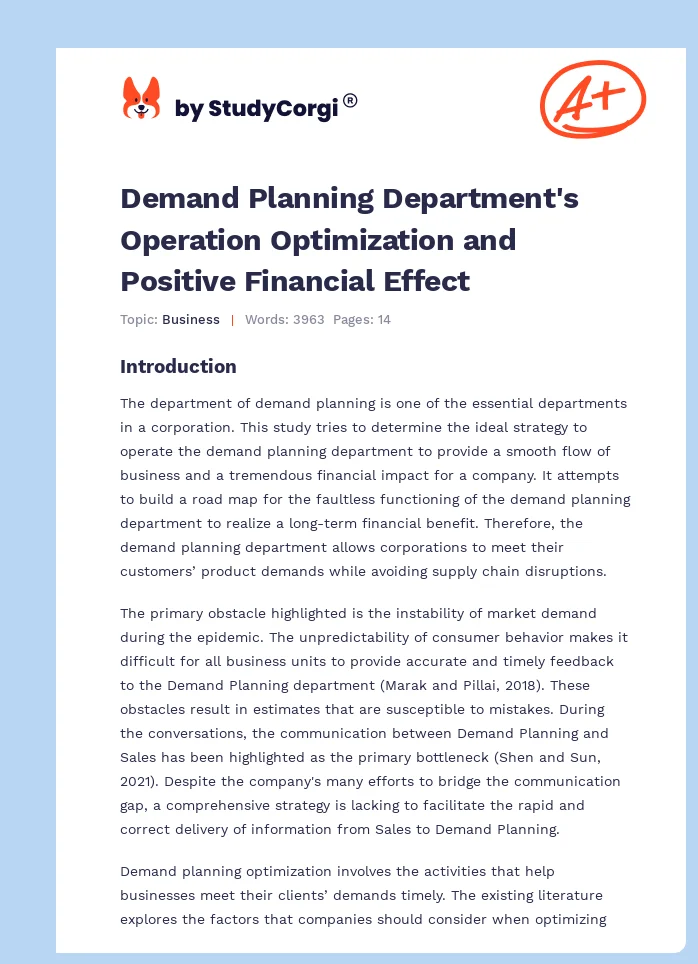 Demand Planning Department's Operation Optimization and Positive Financial Effect. Page 1