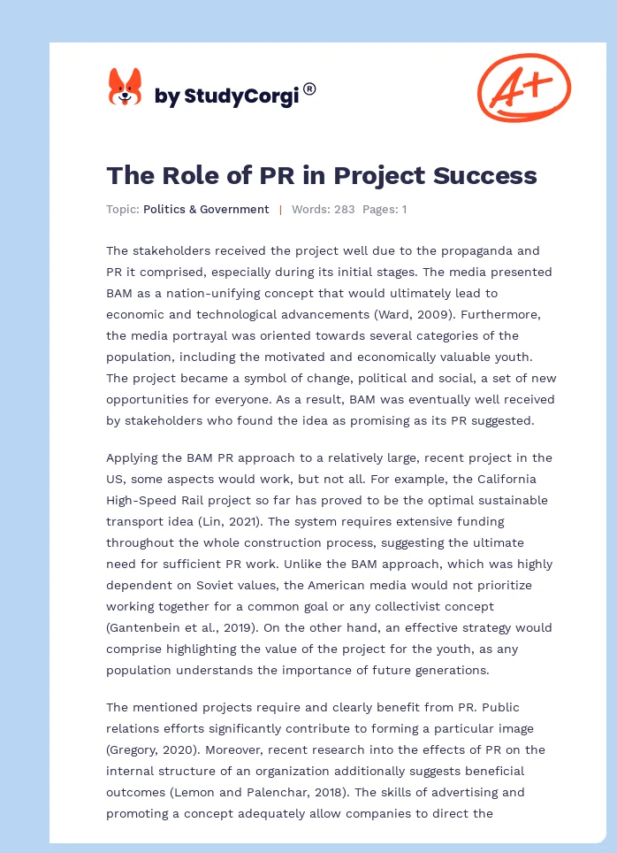 The Role of PR in Project Success. Page 1