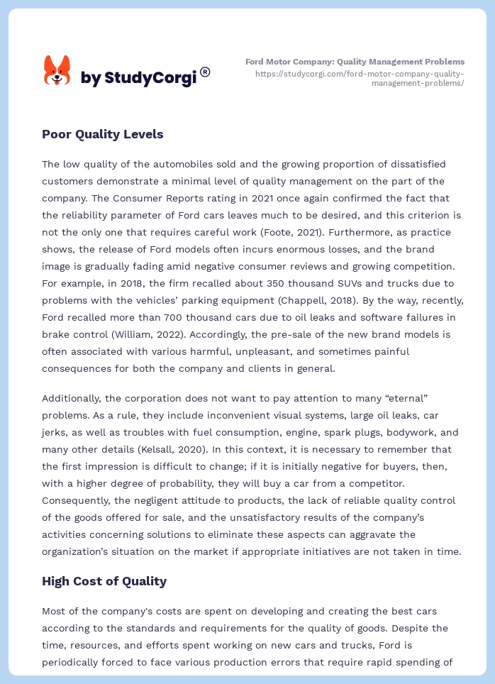 Ford Motor Company: Quality Management Problems. Page 2
