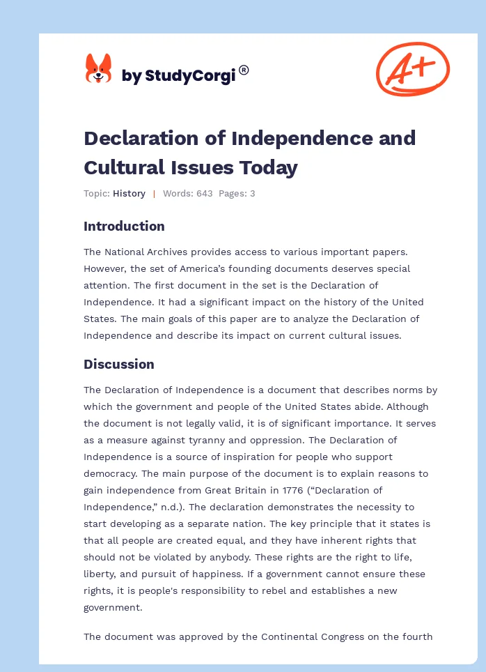 Declaration of Independence and Cultural Issues Today. Page 1