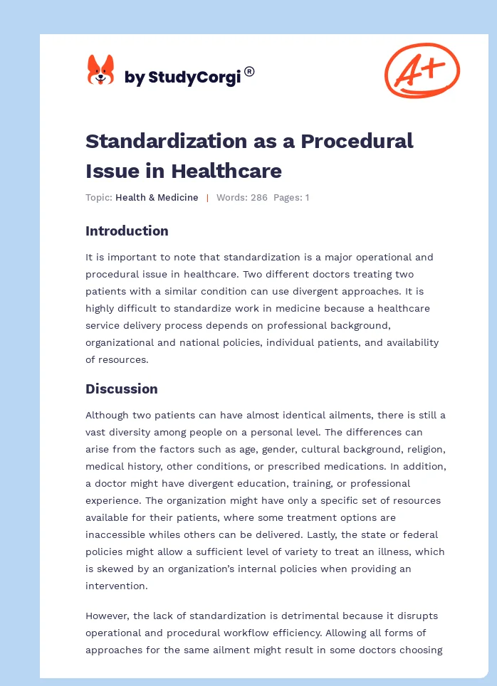 Standardization as a Procedural Issue in Healthcare. Page 1