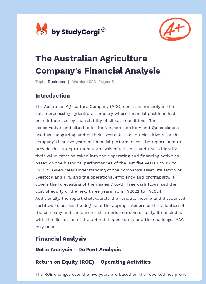 The Australian Agriculture Company's Financial Analysis. Page 1