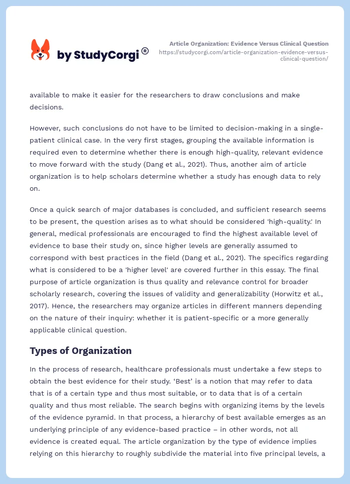 Article Organization: Evidence Versus Clinical Question. Page 2