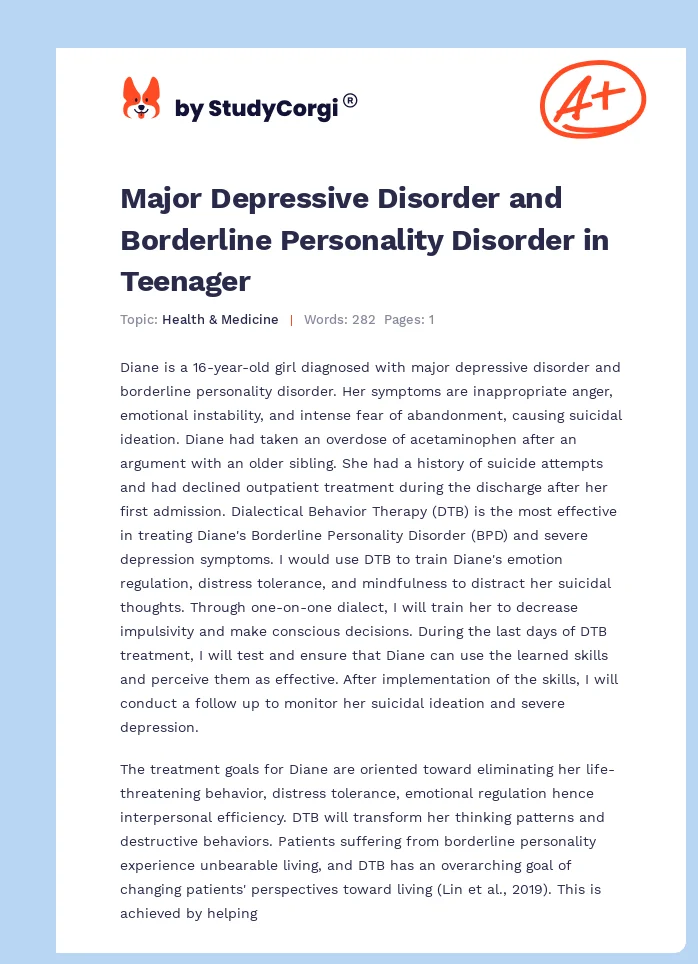 Major Depressive Disorder and Borderline Personality Disorder in Teenager. Page 1