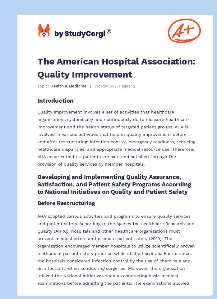 The American Hospital Association: Quality Improvement. Page 1