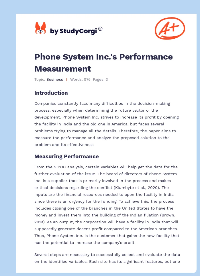 Phone System Inc.'s Performance Measurement. Page 1