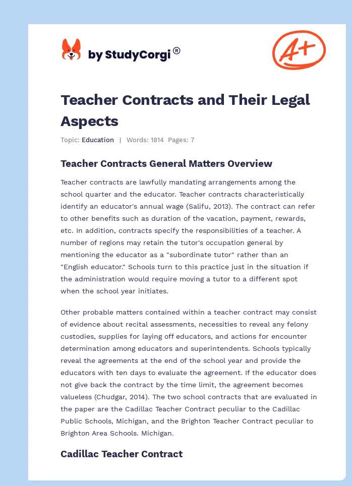Teacher Contracts and Their Legal Aspects. Page 1