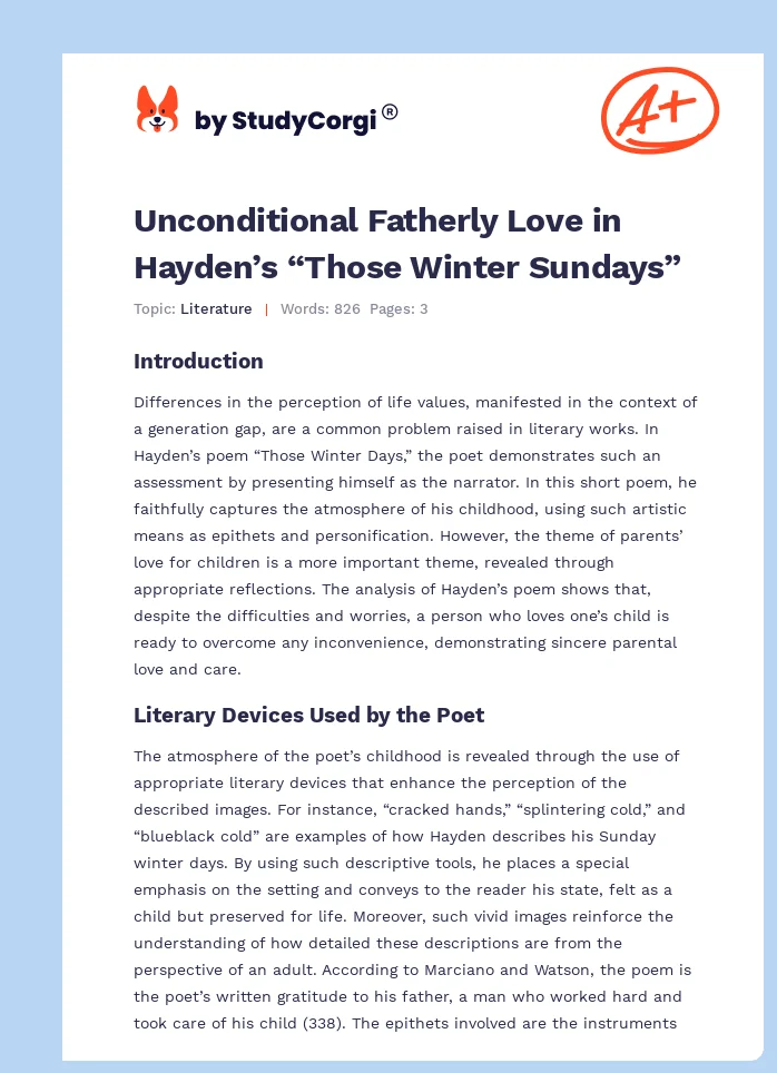 Unconditional Fatherly Love in Hayden’s “Those Winter Sundays”. Page 1