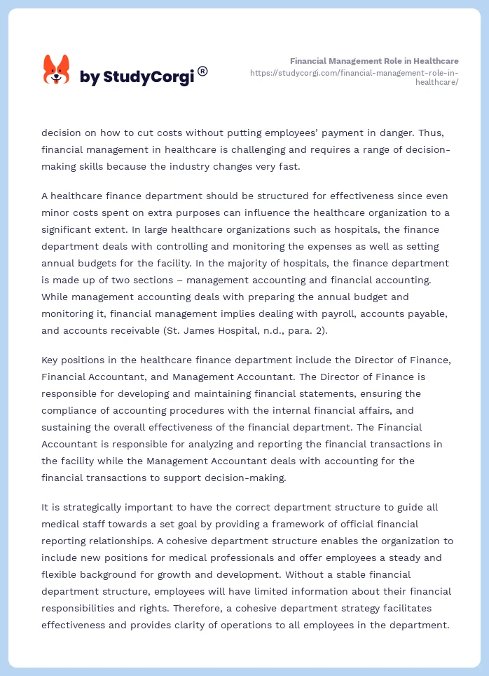 Financial Management Role in Healthcare. Page 2