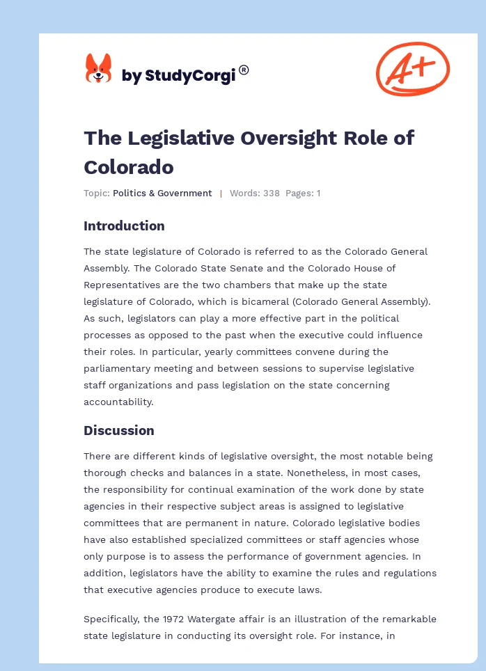 The Legislative Oversight Role of Colorado. Page 1
