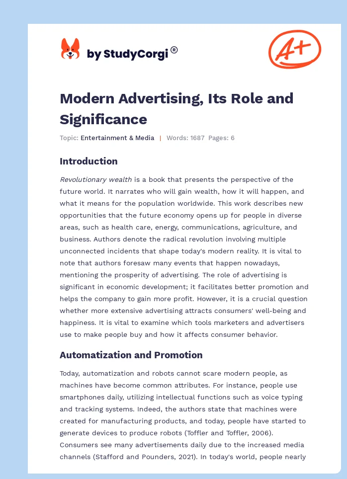 Modern Advertising, Its Role and Significance. Page 1