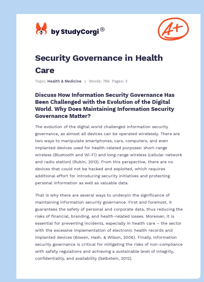 Security Governance in Health Care. Page 1