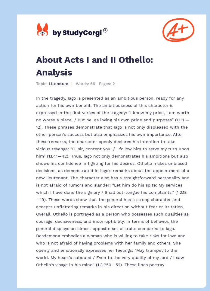 About Acts I and II Othello: Analysis. Page 1