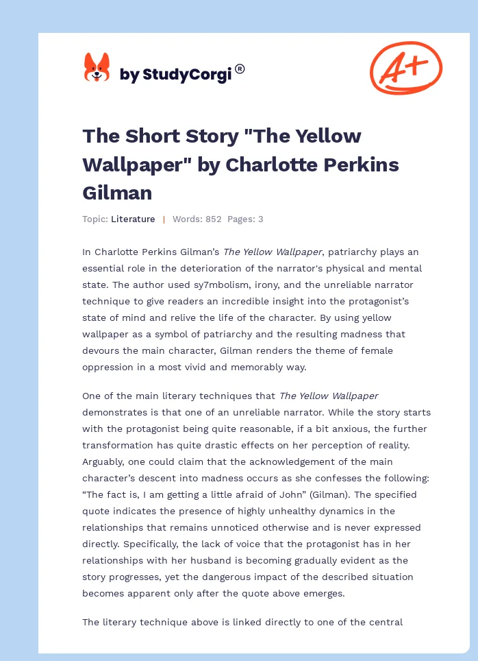 The Short Story "The Yellow Wallpaper" by Charlotte Perkins Gilman. Page 1